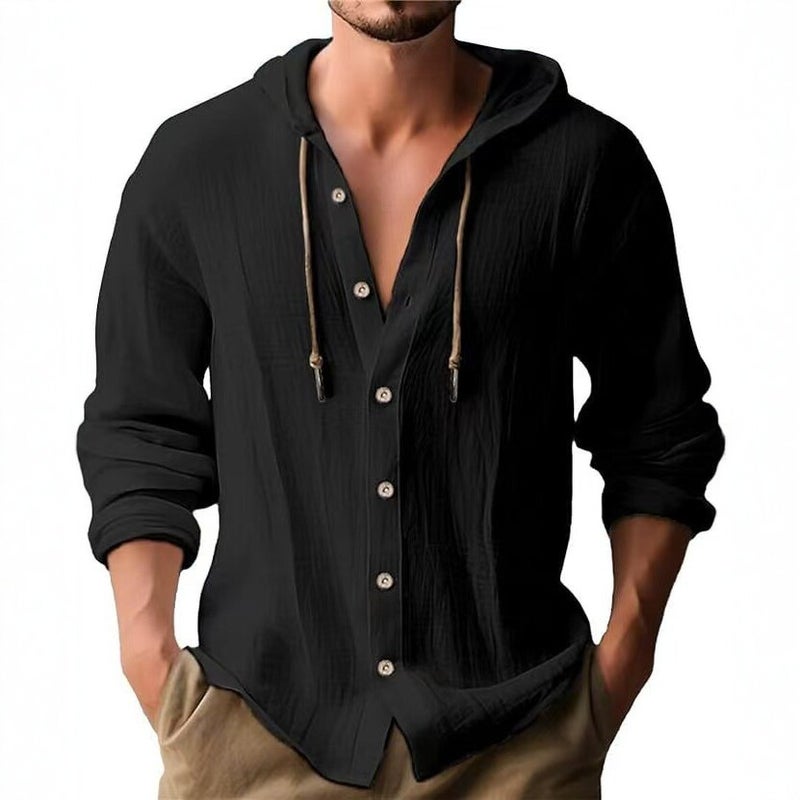 Men's Hooded Linen Cardigan Solid Color Casual Loose V-Neck Drawstring - Image 3