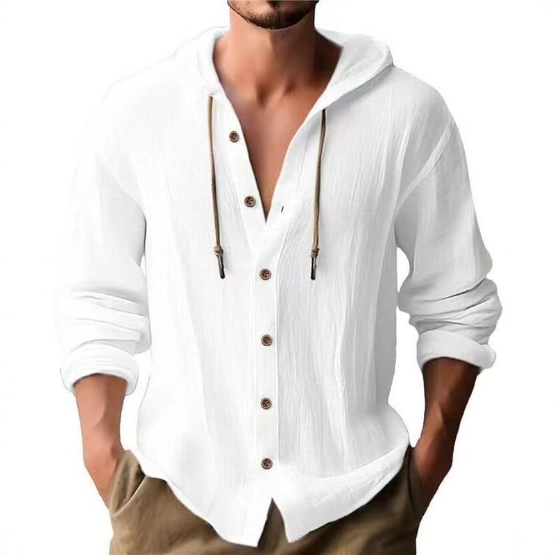 Men's Hooded Linen Cardigan Solid Color Casual Loose V-Neck Drawstring - Image 1
