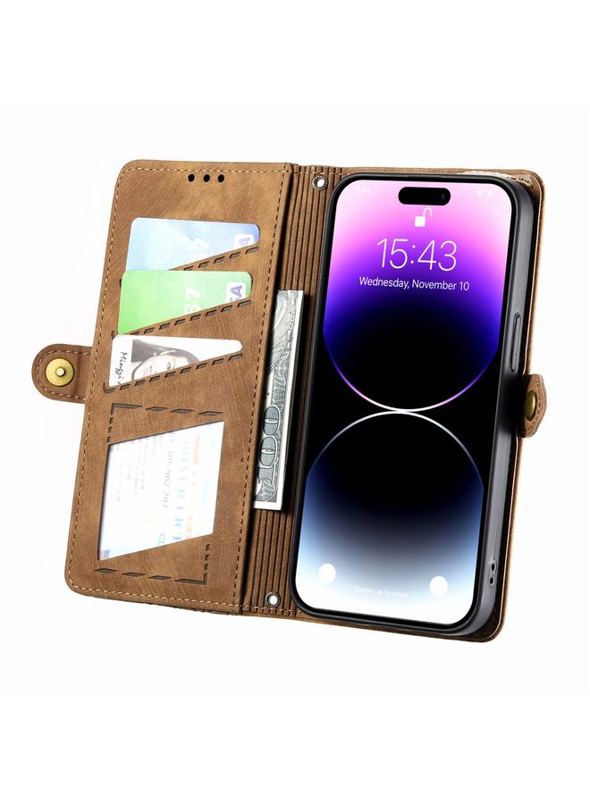 S-TOP Case For iPhone 13 Geometric Zipper Wallet Side Buckle Leather Phone Case - Image 4