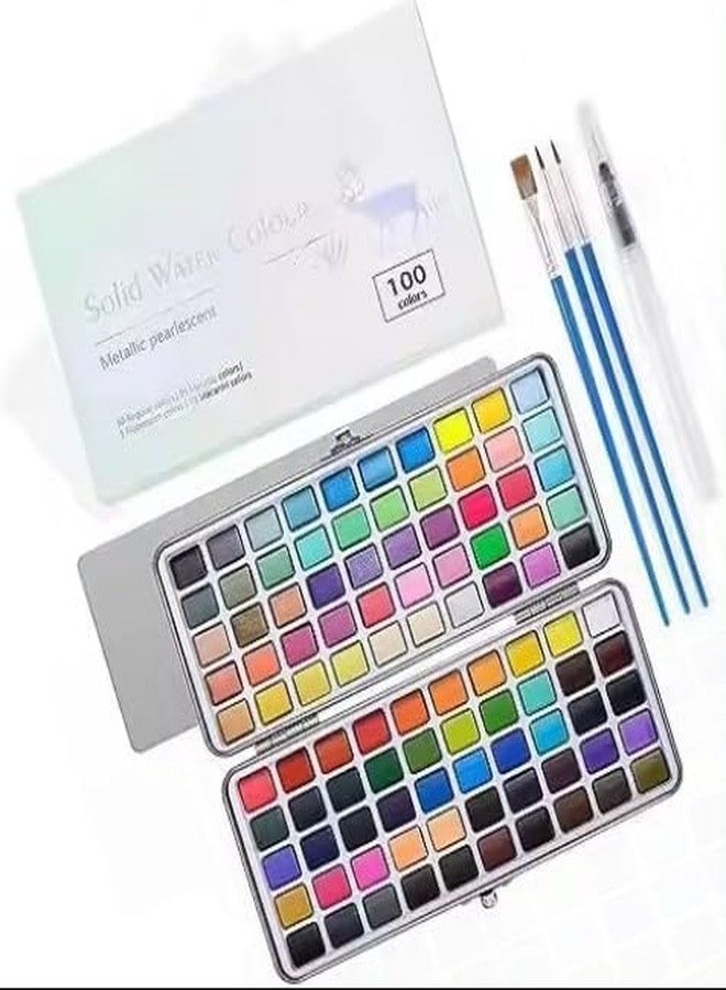 ARROLLIANT Solid Watercolour Paints Set Including Vivid, Metallic, Pearlescent and Fluorescent Colors, Travel Watercolor Set with Brush Pen Portable Watercolour Paint Box Set (100, multi colour set) - Image 1
