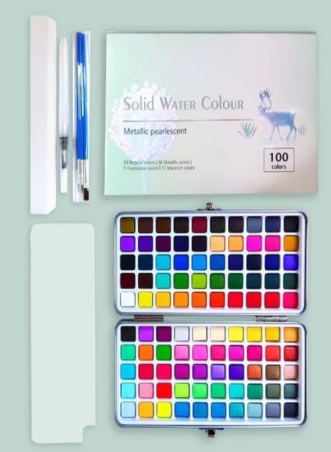 ARROLLIANT Solid Watercolour Paints Set Including Vivid, Metallic, Pearlescent and Fluorescent Colors, Travel Watercolor Set with Brush Pen Portable Watercolour Paint Box Set (100, multi colour set) - Image 2