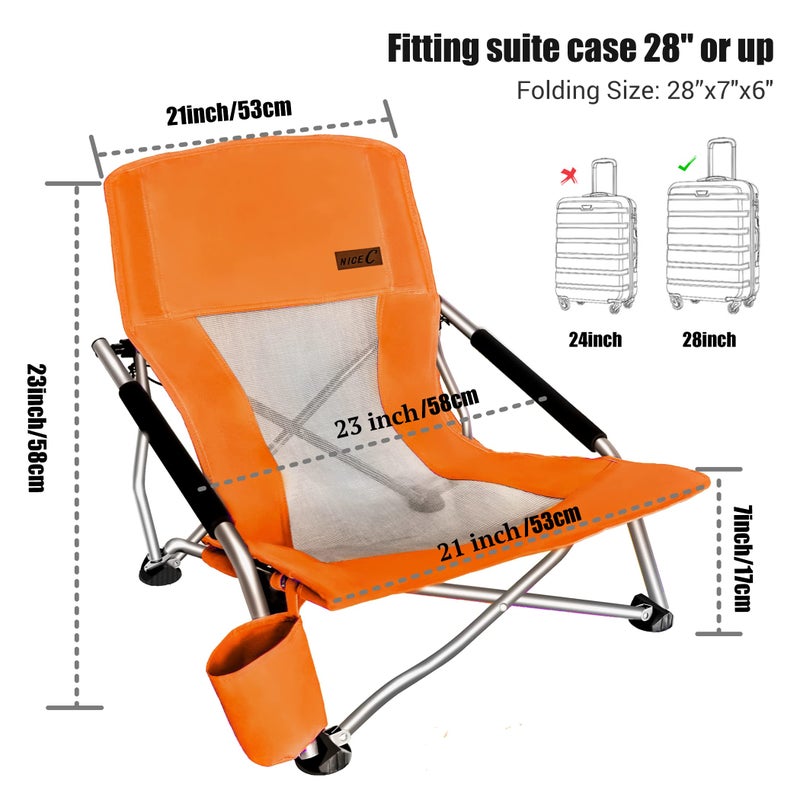 Nice C Chair Beaches, Beach Chairs for Adults 2 Pack, Low Beach Chair, Sling, Folding, Portable, Concert, Kids, Boat, Sand Chair with Cup Holder & Carry Bag (Set of 2 Orange) - Image 2