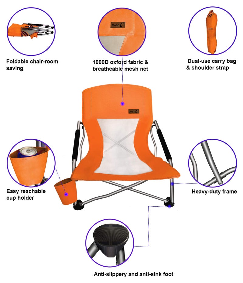 Nice C Chair Beaches, Beach Chairs for Adults 2 Pack, Low Beach Chair, Sling, Folding, Portable, Concert, Kids, Boat, Sand Chair with Cup Holder & Carry Bag (Set of 2 Orange) - Image 4