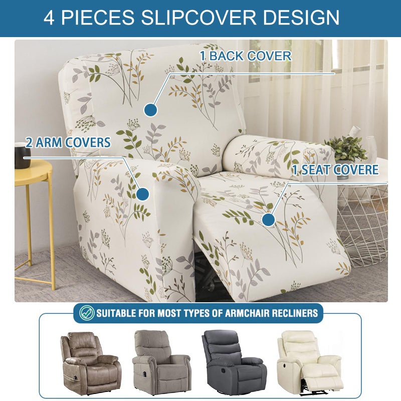 KRFOONN Stretch Recliner Slipcovers Printed Recliner Chair Covers 4-Piece Lazy Boy Recliner Covers Non Slip Reclining Furniture Protector Sofa Couch Cover with Elastic Bottom for Kid Pet, Color B58 - Image 4
