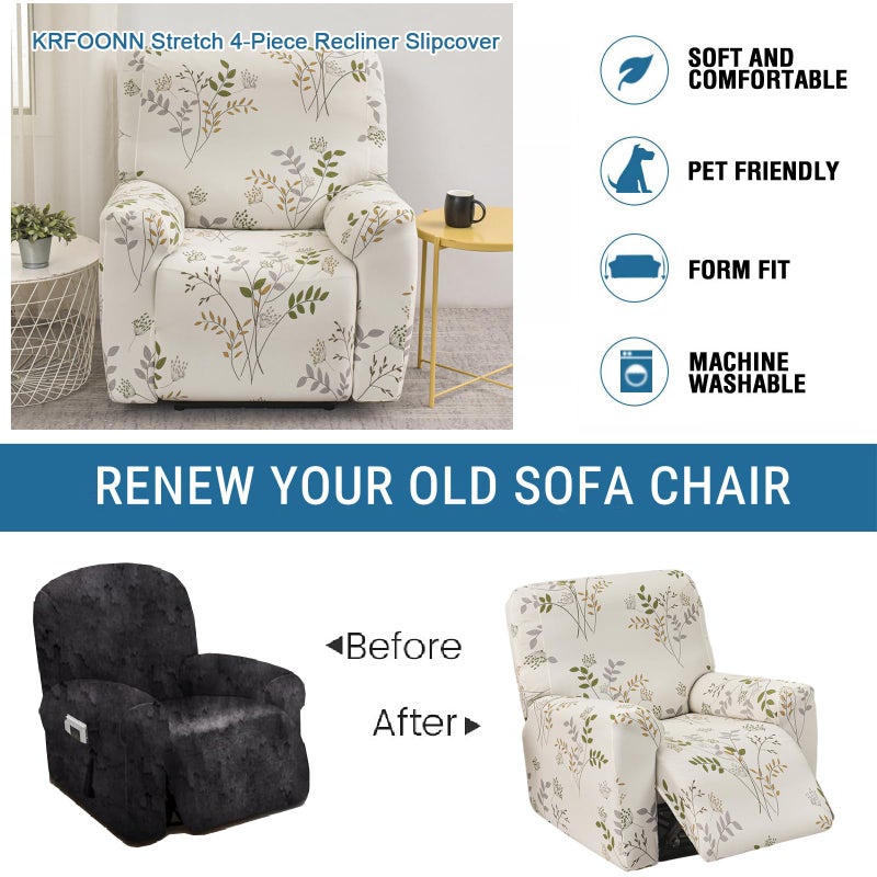KRFOONN Stretch Recliner Slipcovers Printed Recliner Chair Covers 4-Piece Lazy Boy Recliner Covers Non Slip Reclining Furniture Protector Sofa Couch Cover with Elastic Bottom for Kid Pet, Color B58 - Image 5