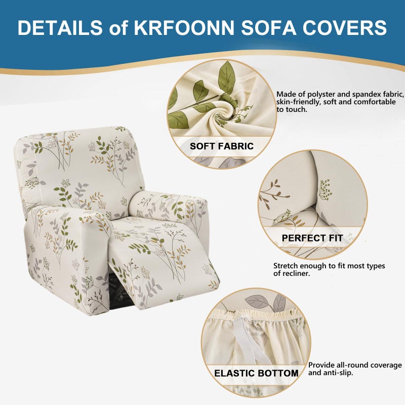 KRFOONN Stretch Recliner Slipcovers Printed Recliner Chair Covers 4-Piece Lazy Boy Recliner Covers Non Slip Reclining Furniture Protector Sofa Couch Cover with Elastic Bottom for Kid Pet, Color B58 - Image 2