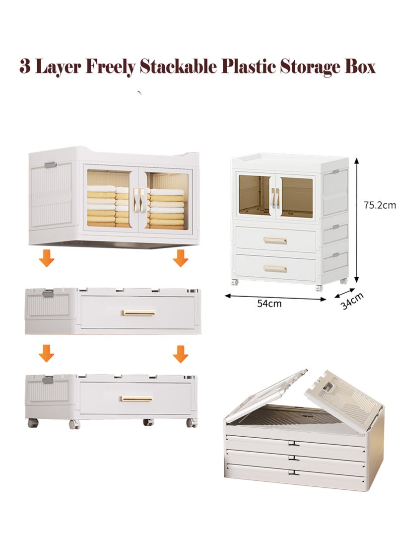 Old_Feller 3 Layers Foldable Storage Box and Drawer,Extra Large Size Storage Bin with Lid Organizers Freely Stackable Storage Cabinet, Dust-proof Closet Organizers Double Door Magnetic with Universal Pulley - Image 1