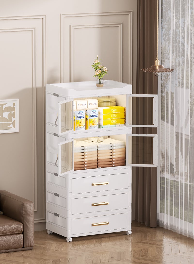 Old_Feller 3 Layers Foldable Storage Box and Drawer,Extra Large Size Storage Bin with Lid Organizers Freely Stackable Storage Cabinet, Dust-proof Closet Organizers Double Door Magnetic with Universal Pulley - Image 3