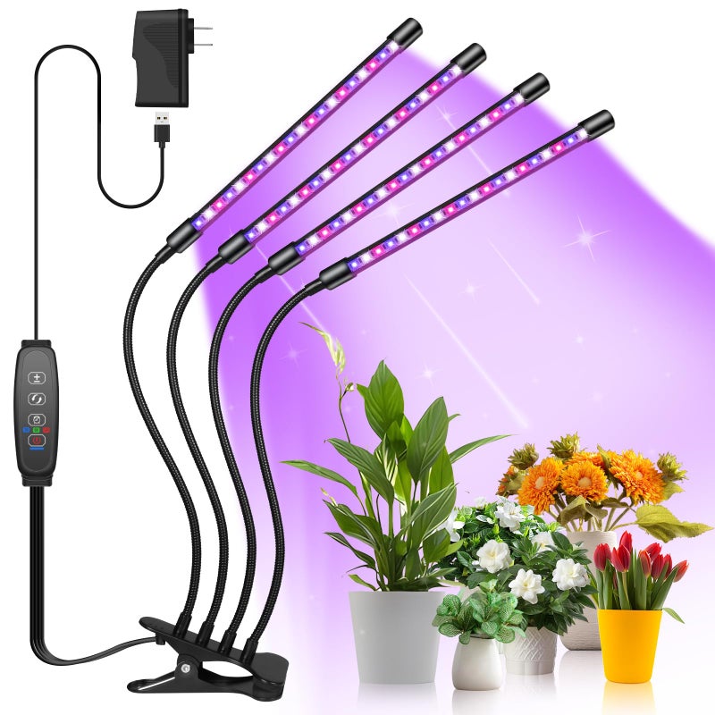 Shyineyou Grow Lights for Indoor Plants Full Spectrum, 80 LEDs Plant Lights for Indoor Growing with 3/9/12H Timer, 3 Color Modes & 9 Brightness, 4 Heads Clip-On Plant Grow Light - Image 1