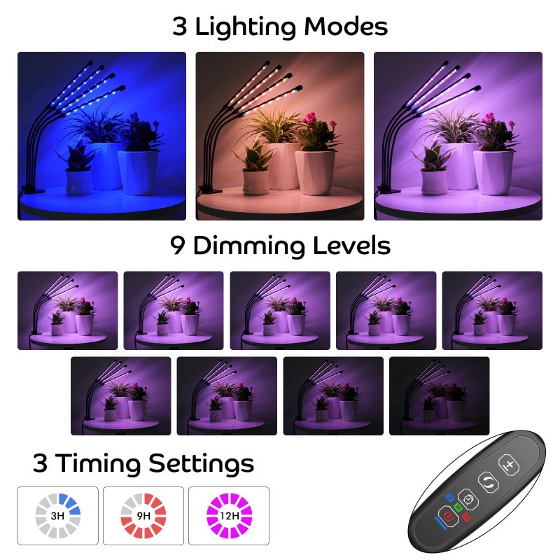 Shyineyou Grow Lights for Indoor Plants Full Spectrum, 80 LEDs Plant Lights for Indoor Growing with 3/9/12H Timer, 3 Color Modes & 9 Brightness, 4 Heads Clip-On Plant Grow Light - Image 2