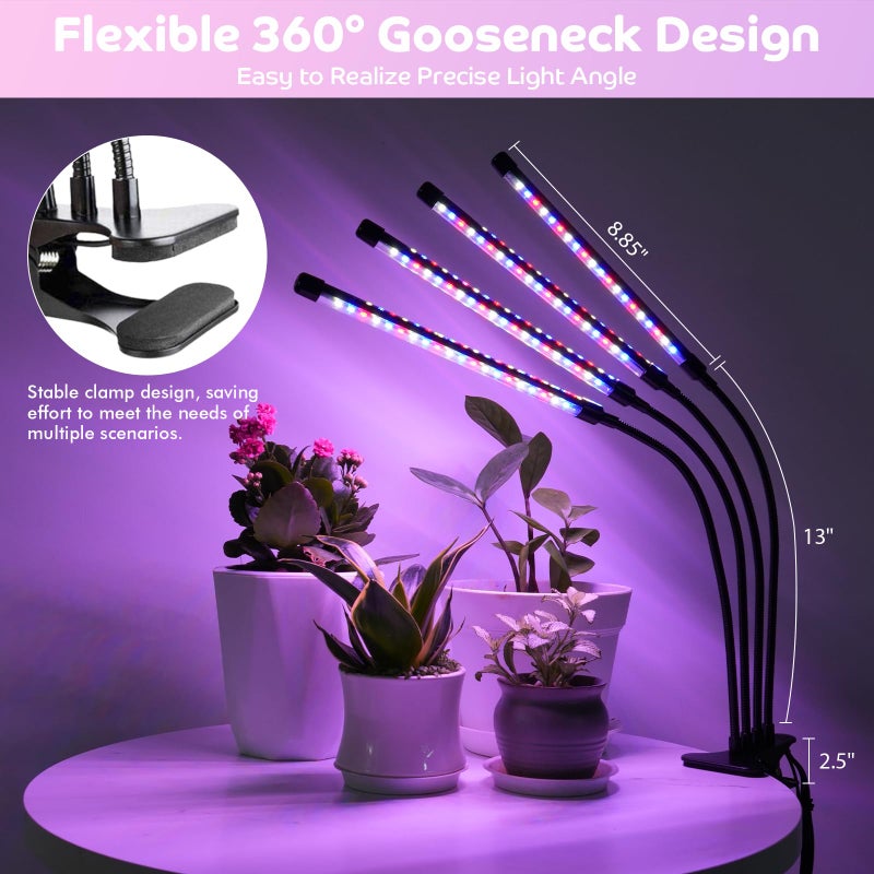 Shyineyou Grow Lights for Indoor Plants Full Spectrum, 80 LEDs Plant Lights for Indoor Growing with 3/9/12H Timer, 3 Color Modes & 9 Brightness, 4 Heads Clip-On Plant Grow Light - Image 5