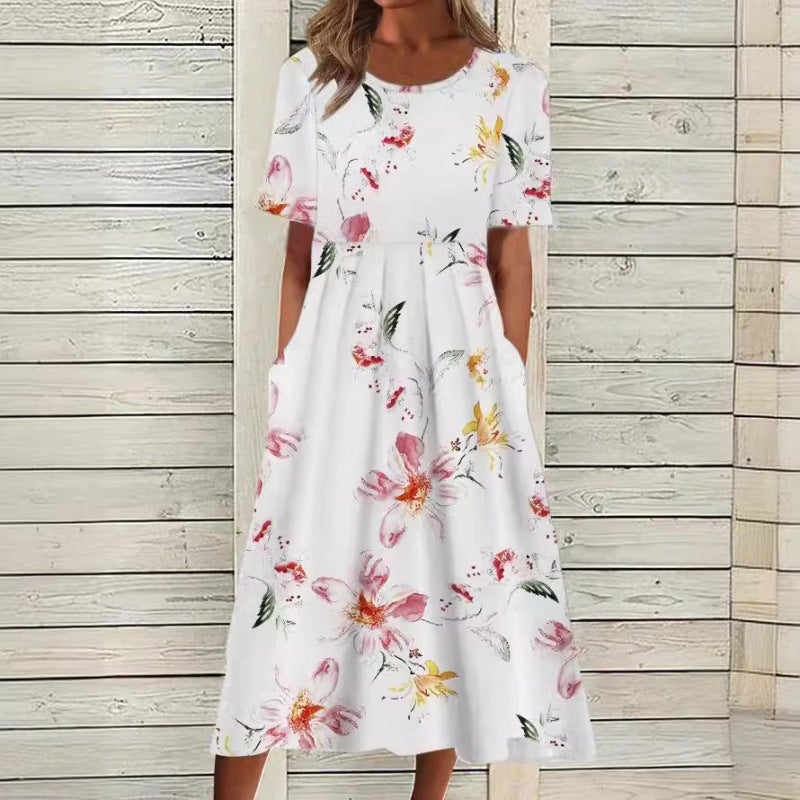 Women's Casual Printed Short Sleeve Round Neck Dress with Pocket - Image 3