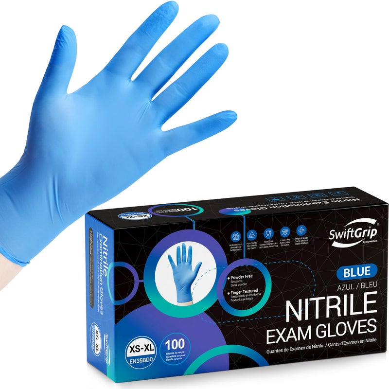 SwiftGrip Disposable Nitrile Exam Gloves Blue Nitrile Gloves Disposable Latex Free Medical Gloves Cleaning Gloves FoodSafe Rubber Gloves Powder Free NonSterile 100ct Box Medium