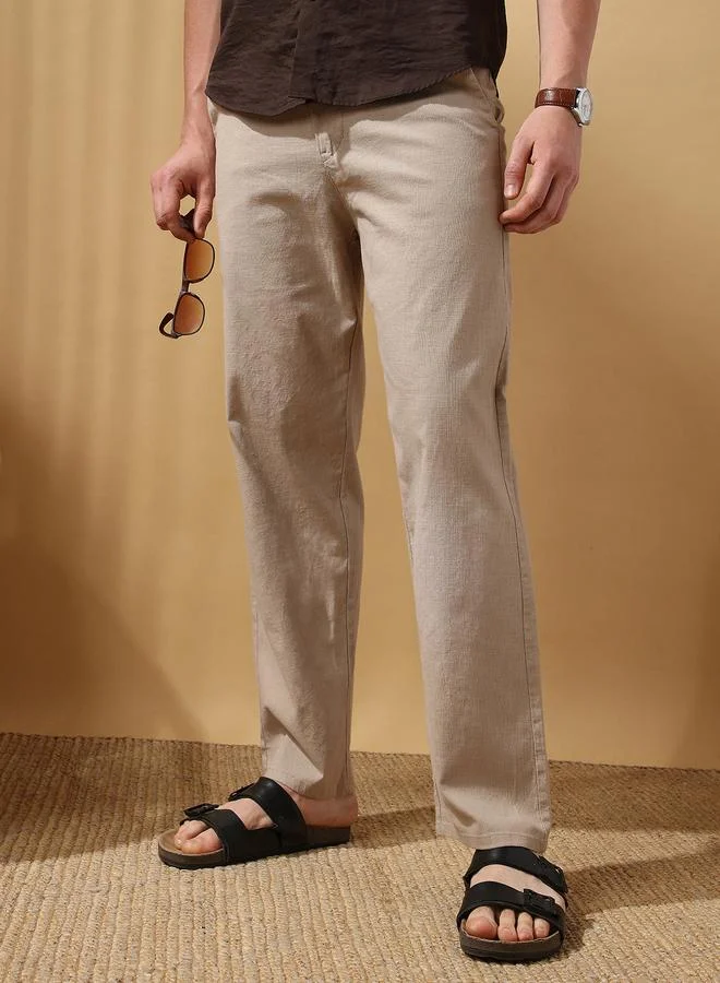 Dennis Lingo Men's Oat Milk 100% Cotton Solid Pattern Full Length Chinos Straight Fit Trouser