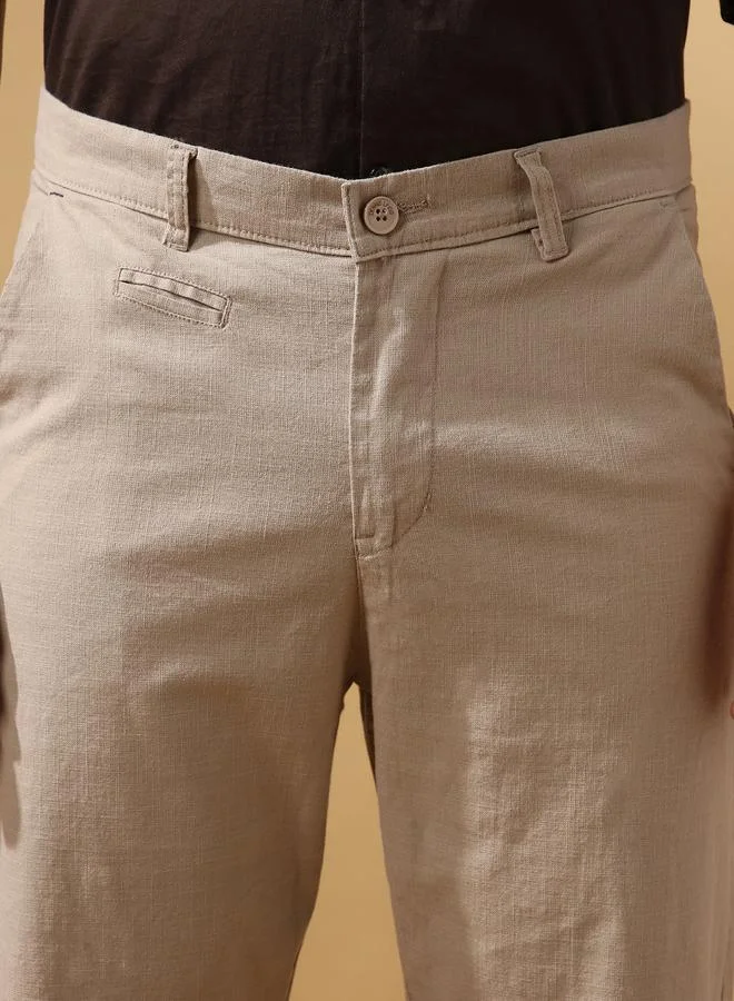 Dennis Lingo Men's Oat Milk 100% Cotton Solid Pattern Full Length Chinos Straight Fit Trouser