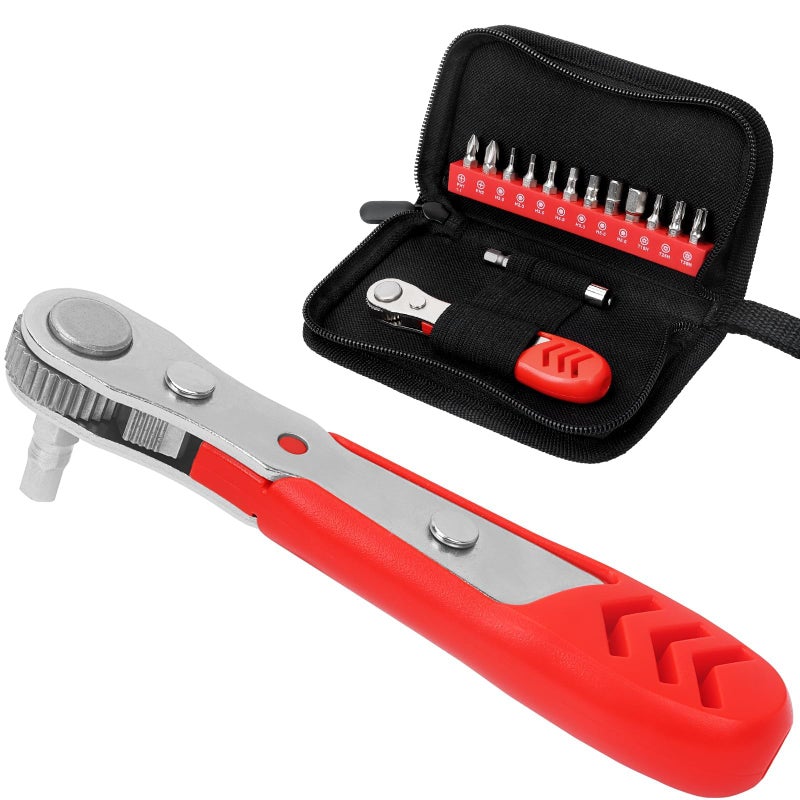 STREBITO Right Angle Screwdriver 14 Piece Mini Ratchet Set, Offset Screwdriver Low Profile Ratchet Screwdriver Set with 1/4 Ratchet, Hex, Phillips, and Torx, EDC Bit Driver for Tight Spaces, Bike - Image 1