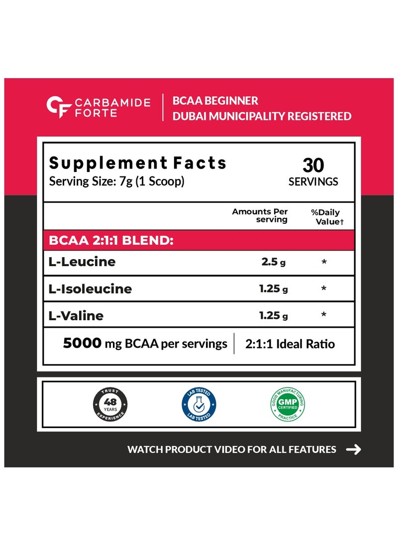 كارباميد فورتي مسحوق كارباميد فورتي BCAA 5000 مجم | مكمل BCAA لنمو العضلات للنساء والرجال | مكمل BCAA قبل التمرين ومكمل BCAA للتمرين الداخلي لاستعادة العضلات | مكملات BCAA للرجال والنساء 7 جم مع نسبة مثالية 2:1:1 | BCAA نكهة البطيخ - 210 جم  - Image 2