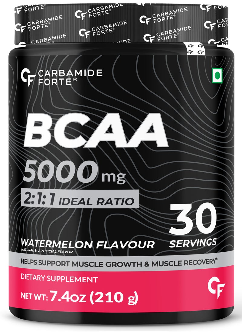 كارباميد فورتي مسحوق كارباميد فورتي BCAA 5000 مجم | مكمل BCAA لنمو العضلات للنساء والرجال | مكمل BCAA قبل التمرين ومكمل BCAA للتمرين الداخلي لاستعادة العضلات | مكملات BCAA للرجال والنساء 7 جم مع نسبة مثالية 2:1:1 | BCAA نكهة البطيخ - 210 جم  - Image 1