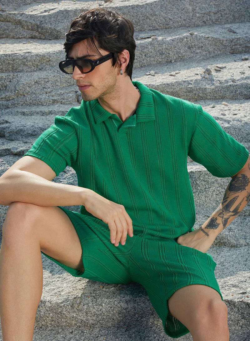 Campus Sutra Men's Shamrock Green Stripe-Knit Co-Ord Set For Casual Wear | Polo Neck | Short Sleeve | Pull On Closure | Co-Ords Crafted With Comfort Fit For Everyday Wear