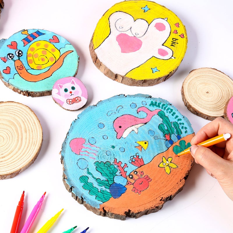 Diy Hand-Painted Round Wood Piece Kindergarten Handmade Material Children'S Wood Piece Painting Wooden Pile Annual Rings Coaster Decoration Material Painting - Image 3