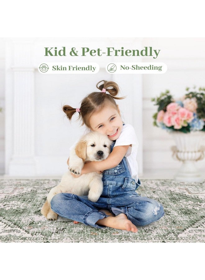 LIVEBOX سجادة دائرية مدالية لايف بوكس 5 أقدام، سجادة دائرية خضراء مريحة قابلة للغسل بتصميم عتيق لغرفة النوم، سجادة دائرية ناعمة منخفضة الوبر لغرفة المعيشة، مثالية للمناطق ذات الحركة العالية في المدخل - Image 5