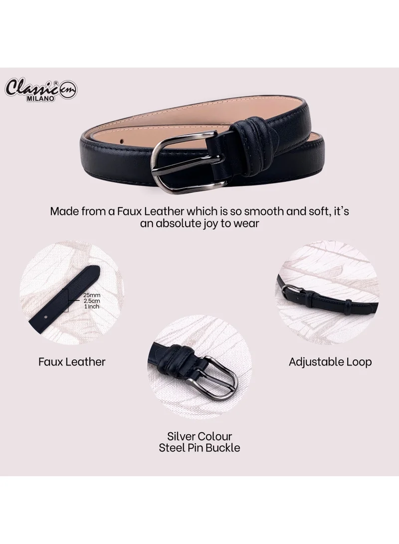Classic Milano Black (SGPU26) Classic Milano Women's Belt with Gift Box; Faux Leather Ladies Belt for Dresses, Jeans & Gowns; Stylish Womens Belt; Adjustable Girls Belt; Belt for Women | Full Length: 110 CM (Free Size - Fits up to the waist of 40 Inches / 100 CM) for Women | Best Price UAE