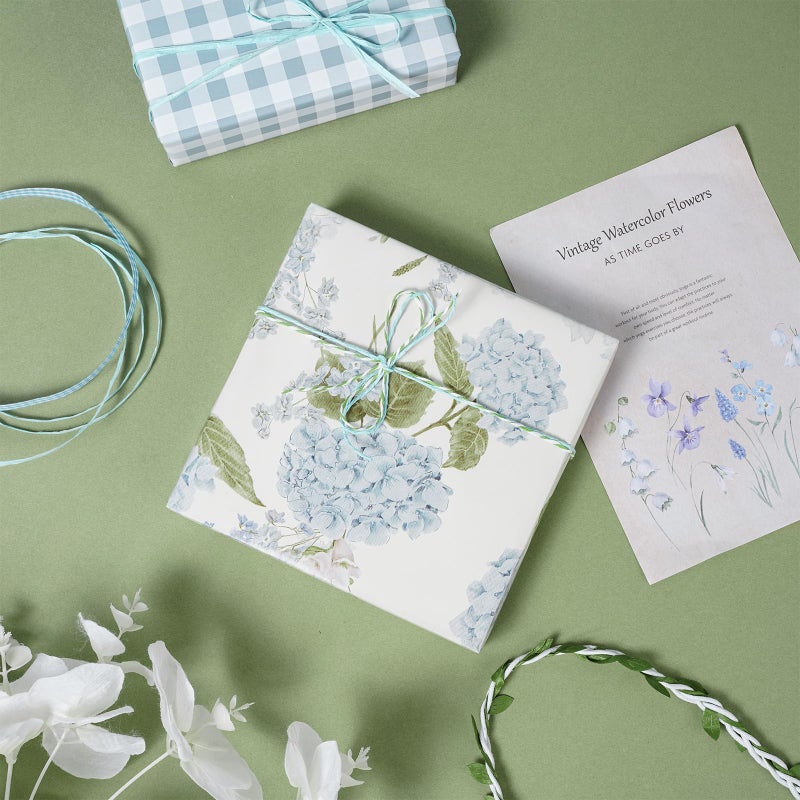 LeZakaa Floral Wrapping Paper, Blue Hydrangea Flowers & Gingham Check, 4 Different Design for Wedding, Bridal Shower, Mother's Day, Birthday, 12 Folded Sheets, 27.5 x 19.6 inches Per Sheet - Image 5