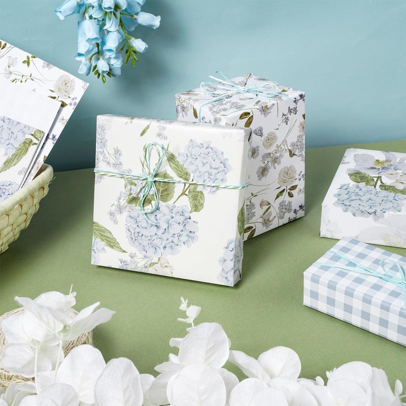LeZakaa Floral Wrapping Paper, Blue Hydrangea Flowers & Gingham Check, 4 Different Design for Wedding, Bridal Shower, Mother's Day, Birthday, 12 Folded Sheets, 27.5 x 19.6 inches Per Sheet - Image 2