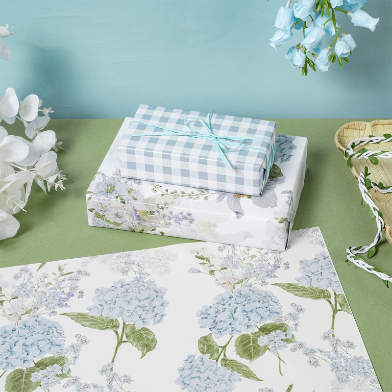 LeZakaa Floral Wrapping Paper, Blue Hydrangea Flowers & Gingham Check, 4 Different Design for Wedding, Bridal Shower, Mother's Day, Birthday, 12 Folded Sheets, 27.5 x 19.6 inches Per Sheet - Image 3