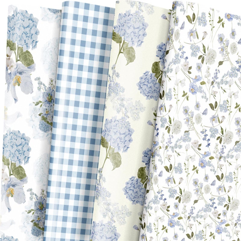 LeZakaa Floral Wrapping Paper, Blue Hydrangea Flowers & Gingham Check, 4 Different Design for Wedding, Bridal Shower, Mother's Day, Birthday, 12 Folded Sheets, 27.5 x 19.6 inches Per Sheet - Image 1