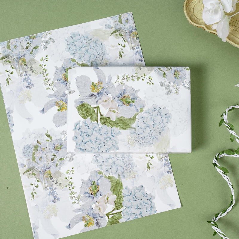 LeZakaa Floral Wrapping Paper, Blue Hydrangea Flowers & Gingham Check, 4 Different Design for Wedding, Bridal Shower, Mother's Day, Birthday, 12 Folded Sheets, 27.5 x 19.6 inches Per Sheet - Image 4