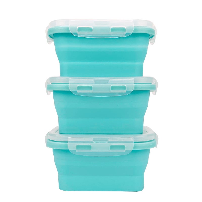 CCyanzi 3piece Collapsible Food Storage Containers with Lids  Silicone Lunch Container  Microwave & Freezer Safe  Space Saving for Kitchen Cabinet and Camping Backpack (blue) - Image 2