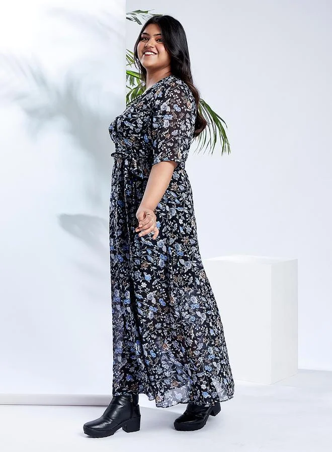 globus Globus Plus Size Navy Blue Floral Print Maxi Dress