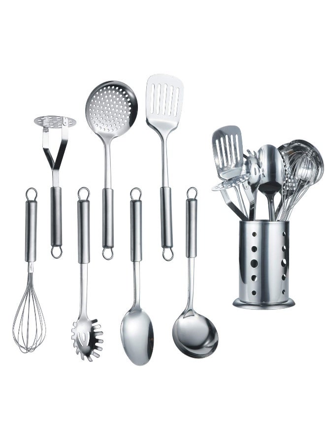 Berglander Cooking Utensil Set 8 Piece Stainless Steel Kitchen Tool Set with StandCooking Utensils Slotted Tuner Ladle Skimmer Serving Spoon Pasta ServerPotato Maseher Egg Whisk 8 Pieces
