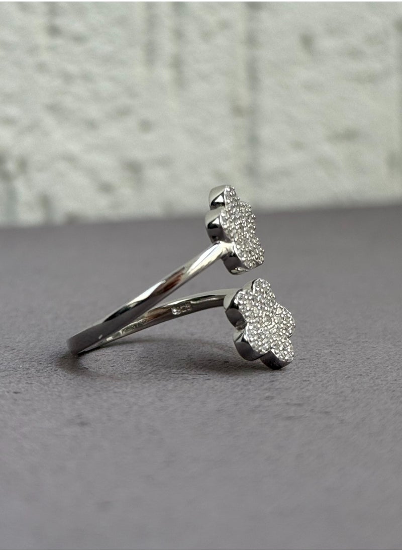 Al Kasr Jewelry - Double Flower Ring - Adjustable - Sterling Silver 925 with Zircon Stones - Plated Rhodium White Gold 18K - Image 1
