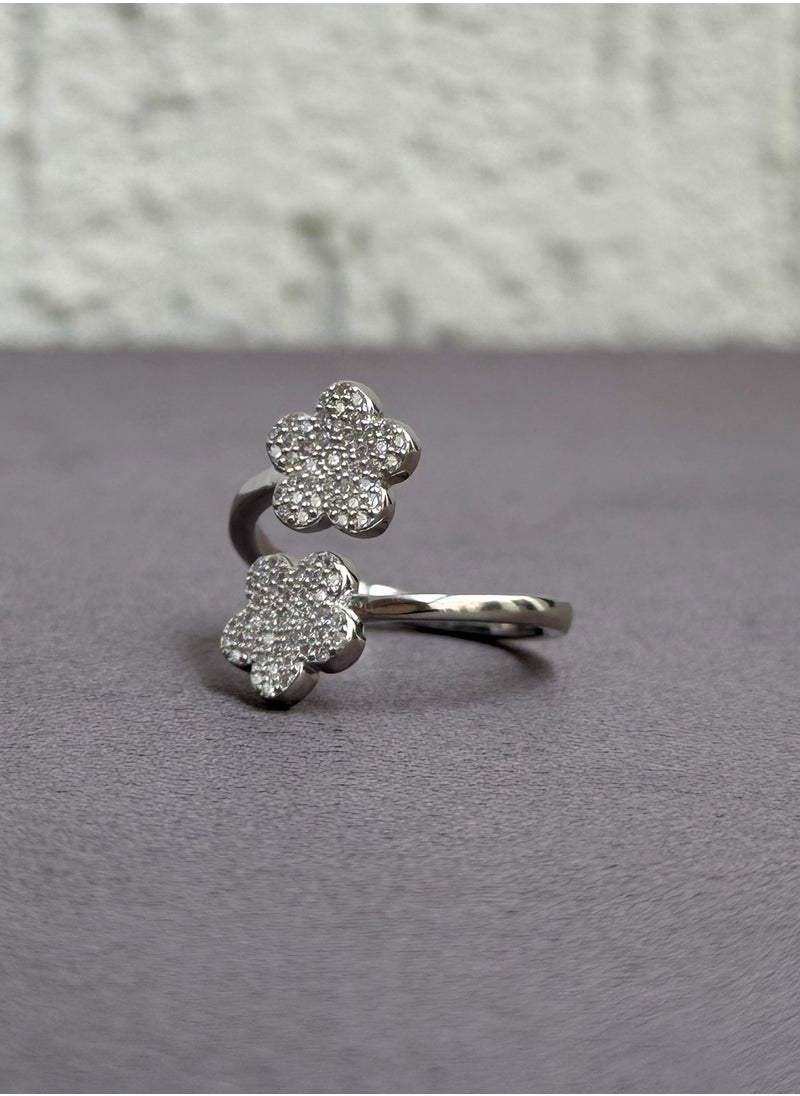 Al Kasr Jewelry - Double Flower Ring - Adjustable - Sterling Silver 925 with Zircon Stones - Plated Rhodium White Gold 18K - Image 1
