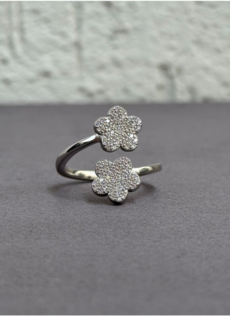 Al Kasr Jewelry - Double Flower Ring - Adjustable - Sterling Silver 925 with Zircon Stones - Plated Rhodium White Gold 18K - Image 1