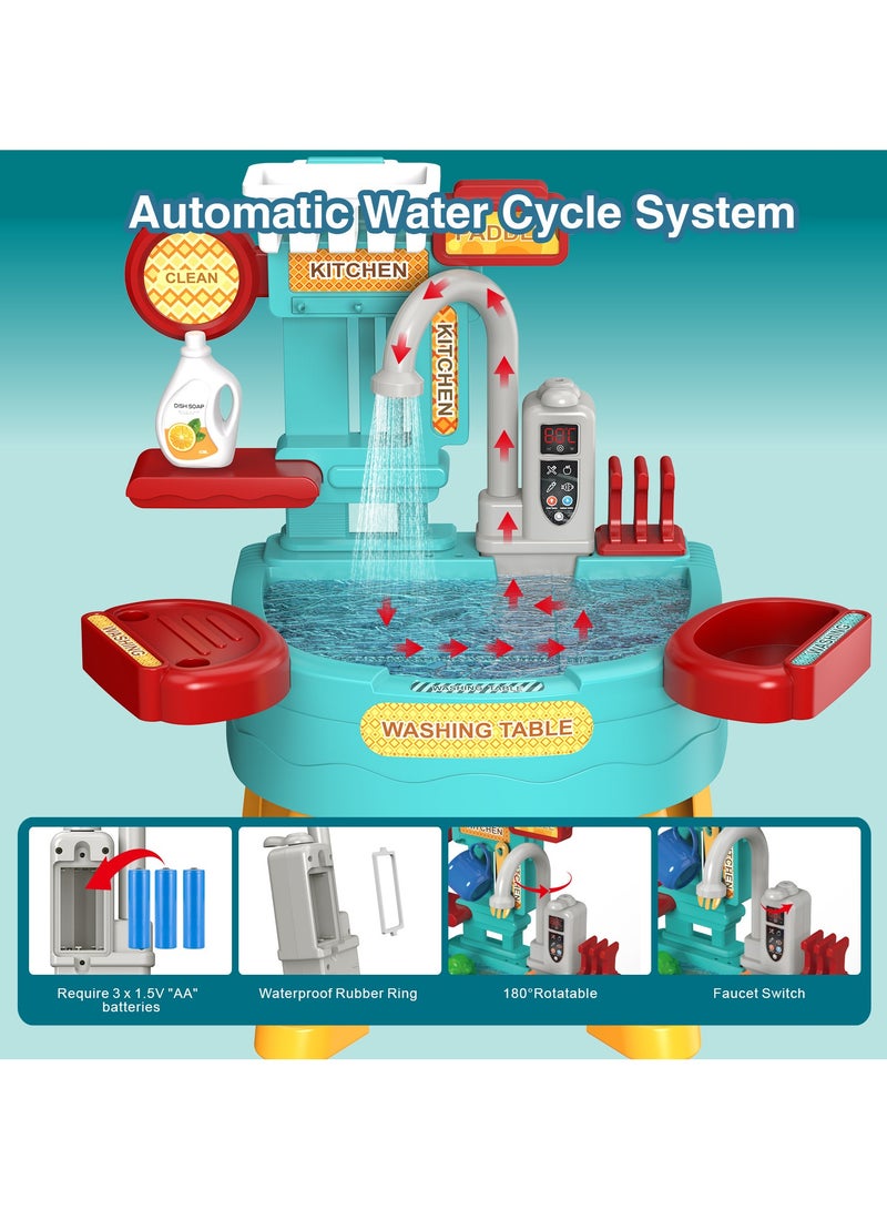 34 PCS Play Kitchen Water Table, Play Sink with Running Water, Toddler Toy Sink with Electric Faucet, Play Food u0026 Kitchen Accessories, Kids Role Play Indoor Outdoor Water Toys for Boys Girls Gifts