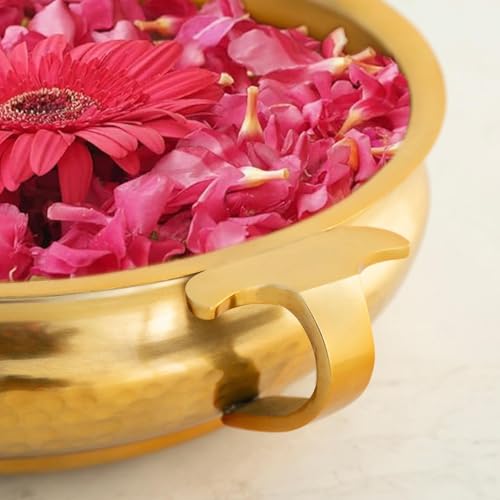 CraftVatika Pure Brass Hammered Urli Pot Perfect for Floating Flowers, Diyas & Tealights Urli Indoor Outdoor Center Table Flower Decorative Bowl for Tealight Candle Holder Decoration (8" Inch 1500 ml) - Image 3