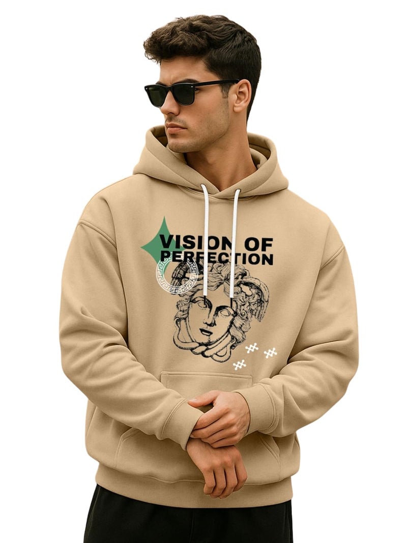 Veirdo Cotton Fleece Regular Fit Hooded Sweatshirt Full Sleeves Vision of Perfection Front Graphic Printed Jumper Beige Winter Sweatshirt for Men (W_05_PRFCTION_LB_2XL) - Image 1
