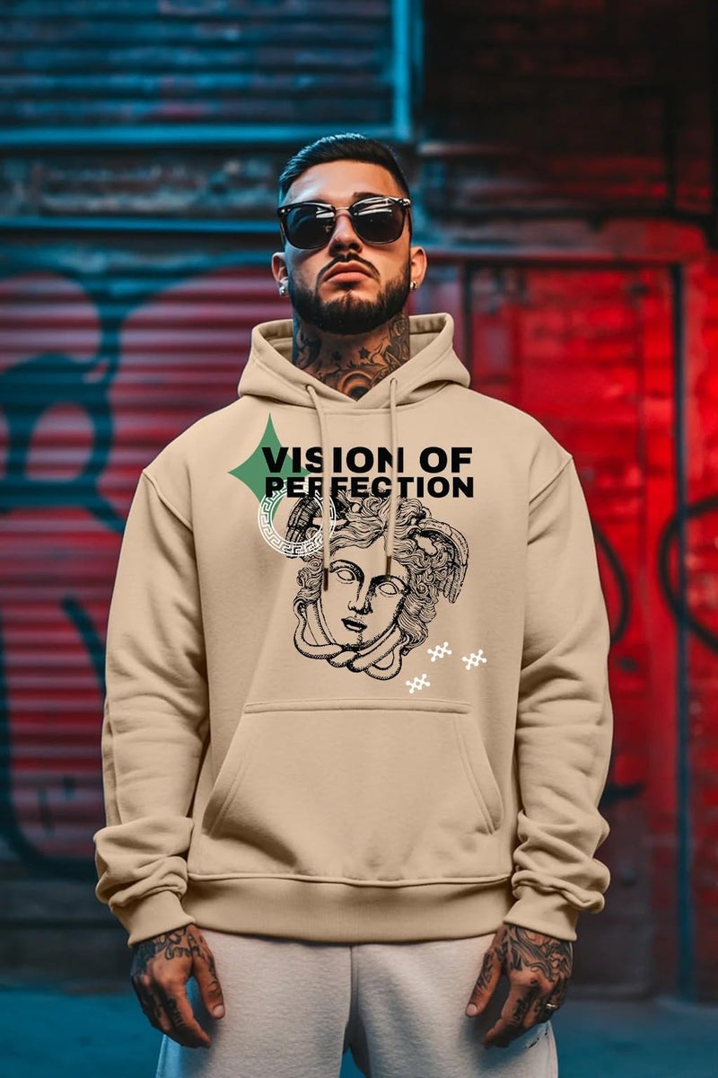 Veirdo Cotton Fleece Regular Fit Hooded Sweatshirt Full Sleeves Vision of Perfection Front Graphic Printed Jumper Beige Winter Sweatshirt for Men (W_05_PRFCTION_LB_2XL) - Image 2