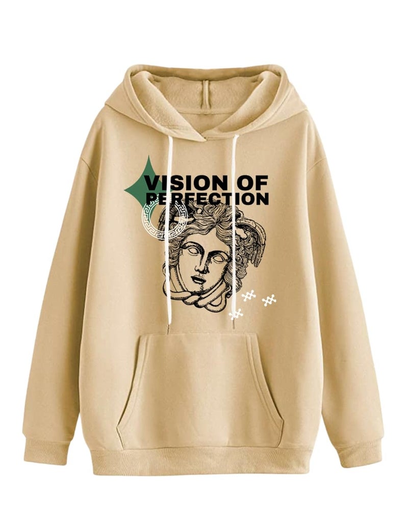 Veirdo Cotton Fleece Regular Fit Hooded Sweatshirt Full Sleeves Vision of Perfection Front Graphic Printed Jumper Beige Winter Sweatshirt for Men (W_05_PRFCTION_LB_2XL) - Image 3
