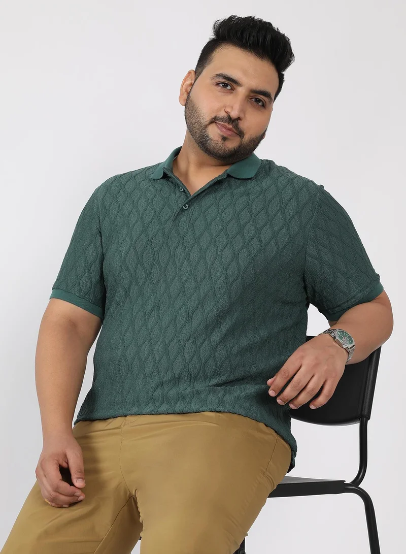 Men Marquise-Tactile Knit Polo T-Shirt | Polo Neck , Rib-Cuff Sleeve | Half-Button Closure , Straight Hem | Geometric Regular-Fit | Knit Fabric For Casual & Daily Wear | Emerald Green