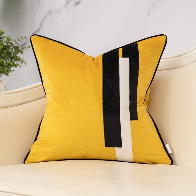 YELLOW DECORATIVE VELVET THROW PILLOW COVER STRIPED PATCHWORK CUSHION CASE MODERN 18X18 INCH PILLOWCASE FOR SOFA COUCH BEDROOM LIVING ROOM HOME DECOR