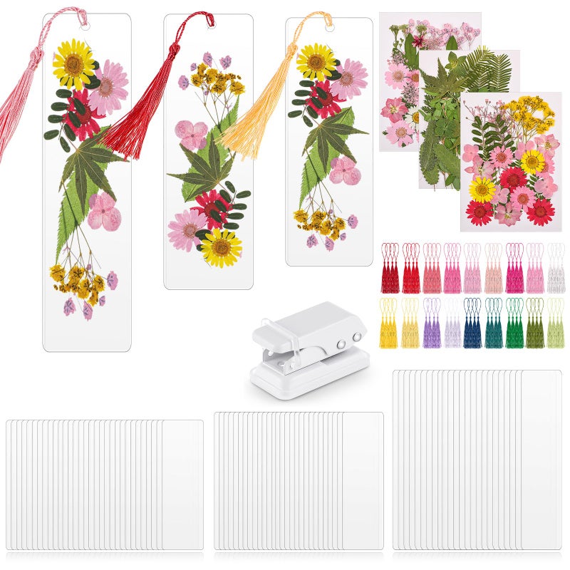 Fuyoooo 50 Pcs DIY Dried Flower Bookmark Making Kit, 3 Size Pressed Flower Transparent Bookmark Laminating Pouches Mom's Night Out Craft Valentines Wedding Gift for Women Book Lovers(Pink) - Image 1