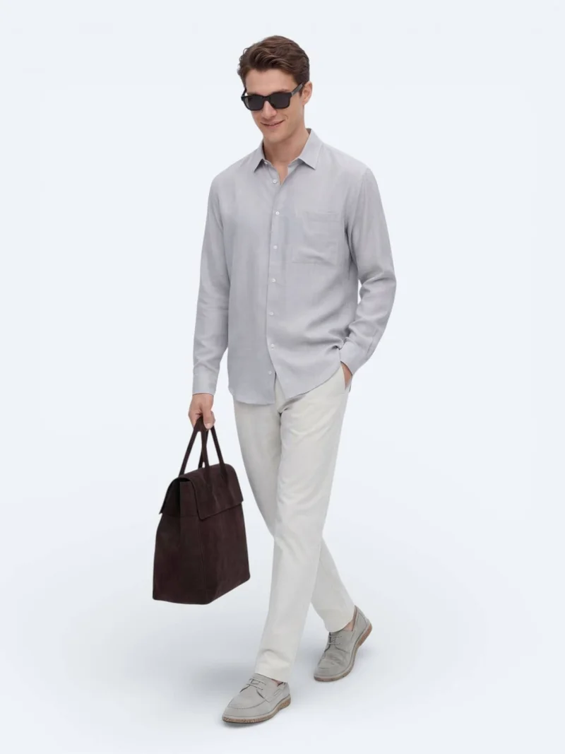 Kip Grey Plain Oversize Fit Long Weaving Casual Shirt