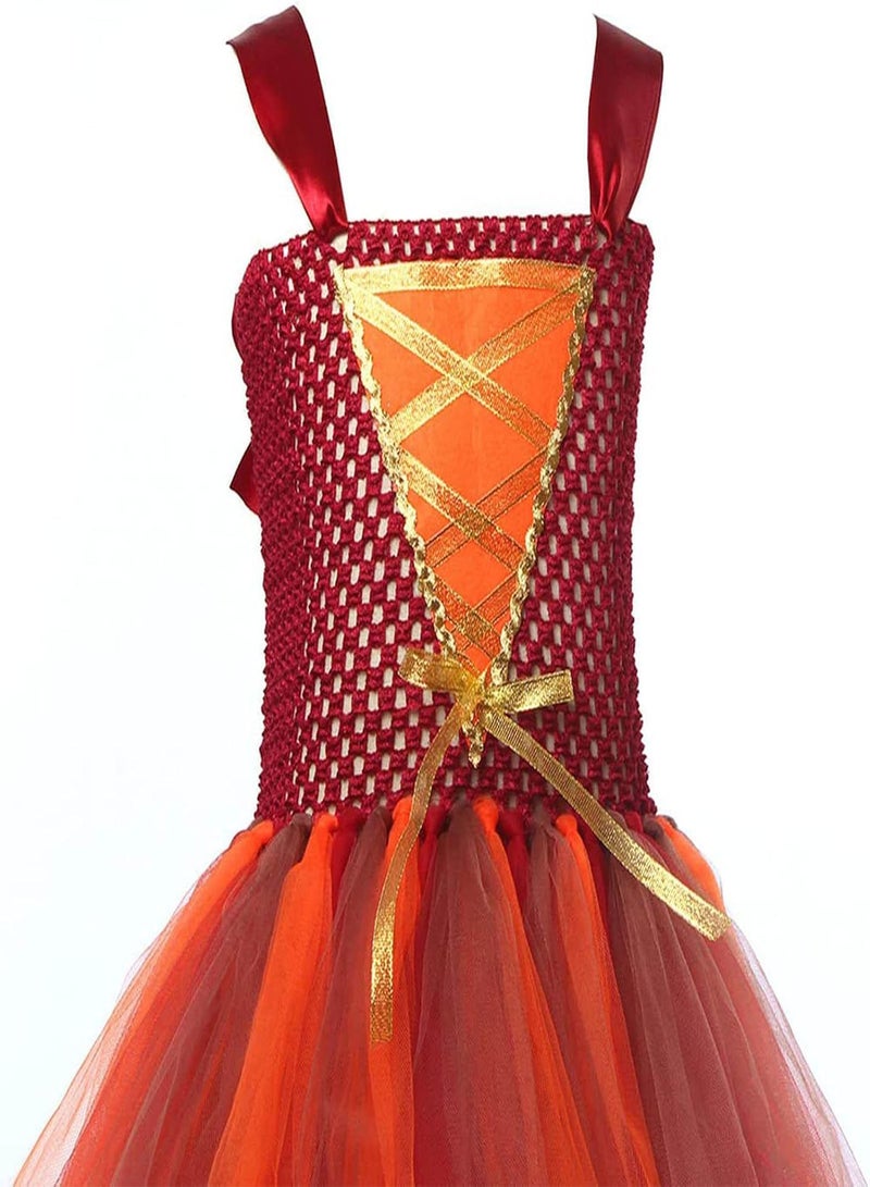 Orange Witch Costume for Girls, Halloween Party Witch Dress with Broom, for Kids Girls Fairytale Party Carnival Role Play