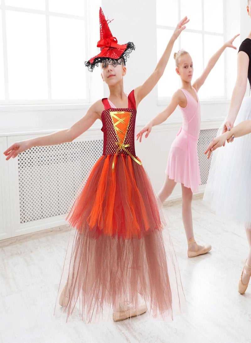 Orange Witch Costume for Girls, Halloween Party Witch Dress with Broom, for Kids Girls Fairytale Party Carnival Role Play