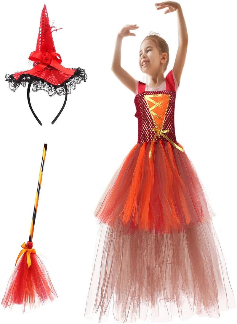 Orange Witch Costume for Girls, Halloween Party Witch Dress with Broom, for Kids Girls Fairytale Party Carnival Role Play