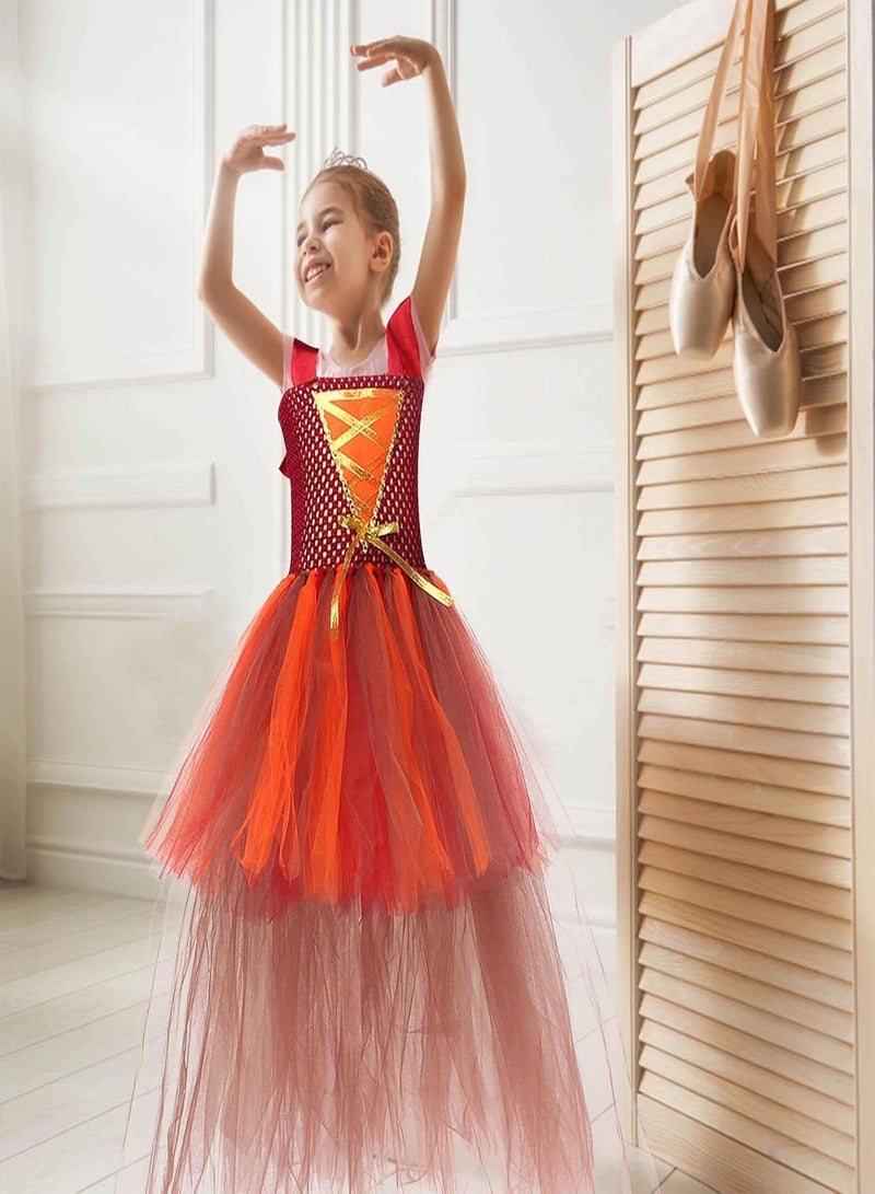 Orange Witch Costume for Girls, Halloween Party Witch Dress with Broom, for Kids Girls Fairytale Party Carnival Role Play